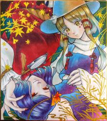 Rule 34 | 2girls, blonde hair, blue hair, bow, branch, breasts, brown headwear, drooling, facial tattoo, fingernails, frilled shirt, frilled shirt collar, frilled sleeves, frills, frog girl, green background, green nails, hair bow, hair ornament, hand up, hat, highres, horizontal pupils, large breasts, layered sleeves, leaf, leaf hair ornament, leaf on head, leaf print, long hair, long sleeves, looking at viewer, medium hair, mirror, moriya suwako, multiple girls, nail polish, purple skirt, purple vest, red bow, red eyes, red nails, red shirt, rope, rope belt, saliva, sharp fingernails, shirt, sidelocks, simple background, skirt, sleeves past wrists, slit pupils, smile, sweater, tattoo, thighhighs, touhou, turtleneck, turtleneck sweater, vest, white shirt, white sweater, white thighhighs, whoru, wide sleeves, wristband, yasaka kanako