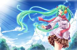 Rule 34 | 1girl, cloud, coat, day, earmuffs, green eyes, green hair, hatsune miku, highres, hxhrise, long hair, matching hair/eyes, open mouth, outstretched hand, plaid, plaid skirt, red scarf, scarf, skirt, sky, solo, tree, twintails, very long hair, vocaloid