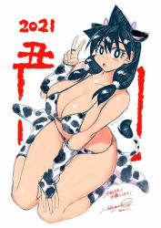 Rule 34 | 1girl, 2021, :o, amano megumi, amano megumi wa suki darake!, animal ears, animal print, blush, breasts, bridal gauntlets, bright pupils, chinese zodiac, cow ears, cow girl, cow horns, cow print, cow tail, curvy, dated, extra ears, fake animal ears, fang, full body, graphite (medium), hair over shoulder, hand on own knee, highres, horns, jewelry, large breasts, long hair, looking at viewer, marker (medium), mixed media, necklace, nekoguchi, new year, official art, painting (medium), shiny skin, signature, simple background, sitting, solo, tail, traditional media, translation request, v, wariza, watercolor (medium), white background, year of the ox