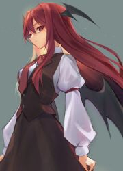 Rule 34 | 1girl, arms at sides, bat wings, black skirt, black vest, breasts, closed mouth, cowboy shot, expressionless, grey background, hair between eyes, head wings, highres, juliet sleeves, koakuma, light particles, long hair, long sleeves, looking at viewer, medium breasts, no pupils, orchid (pixiv3730518), profile, puffy sleeves, red eyes, red hair, shirt, sidelocks, sideways glance, simple background, skirt, solo, standing, touhou, vest, white shirt, wings