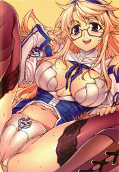 Rule 34 | 1girl, :d, black thighhighs, blonde hair, blue eyes, blush, boots, breasts, cameltoe, cleavage, freezing (series), glasses, hairband, highres, long hair, navel, open mouth, panties, satellizer el bridget, simple background, smile, solo, soo-hyon lee, spread legs, sweat, thighhighs, underwear, white panties, yellow background