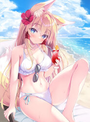 Rule 34 | 1girl, animal ear fluff, animal ears, beach, bikini, blonde hair, blue eyes, blue sky, breasts, cleavage, closed mouth, cloud, commentary request, cup, day, drink, eyewear hang, eyewear hang, unworn eyewear, flower, fox ears, fox girl, fox tail, hair flower, hair ornament, highres, holding, holding cup, jewelry, kotone (tateha), large breasts, long hair, navel, necklace, ocean, original, outdoors, red flower, sand, sitting, sky, smile, solo, sunglasses, sweat, swimsuit, tail, tateha (marvelous grace), thighs, white bikini