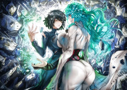 Rule 34 | 2girls, angry, ass, asymmetrical docking, bare shoulders, black hair, breast contest, breast press, breasts, bridal gauntlets, confrontation, deep skin, dress, eye contact, face-to-face, fubuki (one-punch man), green hair, greyscale, highres, huge ass, large breasts, lightning glare, long hair, looking at another, monochrome, multiple girls, one-punch man, pantylines, psychos (one-punch man), psykos, rivalry, short hair, telekinesis, the golden smurf, torn clothes, torn dress