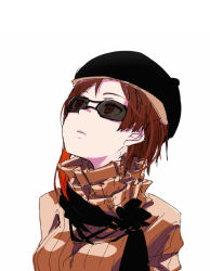 Rule 34 | 1girl, beret, brown hair, closed mouth, coco adel, esu (transc), eyebrows, female focus, hat, looking up, rwby, short hair, simple background, solo, sunglasses, upper body, white background