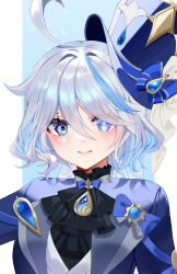 Rule 34 | 1girl, absurdres, ahoge, ascot, black ascot, blue bow, blue eyes, blue hair, blue hat, blue jacket, bow, brooch, educk, furina (genshin impact), genshin impact, hair between eyes, hat, hat bow, highres, jacket, jewelry, looking at viewer, revision, short hair, smile, solo, top hat, upper body
