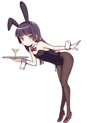 Rule 34 | 1girl, animal ears, bent over, black hair, black leotard, black pantyhose, bow, bowtie, breasts, cup, detached collar, drinking glass, fake animal ears, full body, glass, gokou ruri, highres, leotard, long hair, looking at viewer, mole, mole under eye, ore no imouto ga konna ni kawaii wake ga nai, pantyhose, playboy bunny, purple eyes, rabbit ears, rabbit tail, red bow, red bowtie, simple background, small breasts, solo, tail, takatsuki akira, tray, white background, wrist cuffs