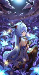 Rule 34 | 1girl, absurdres, ahoge, back, backless outfit, black legwear, blue flower, blue hair, bow, breasts, chinese knot, cloud, czk, detached sleeves, field, fireflies, flower, flower field, flower knot, from behind, ganyu (genshin impact), genshin impact, glaze lily, gloves, gold trim, highres, horns, long hair, looking at viewer, looking back, low ponytail, moonlight, night, no shoes, outdoors, purple eyes, sitting, soles, solo, tassel, thighlet, vision (genshin impact), waist cape, white sleeves