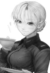 Rule 34 | 10s, 1girl, braid, breasts, commentary, cup, darjeeling (girls und panzer), eyebrows, girls und panzer, greyscale, imizu (nitro unknown), looking at viewer, military, military uniform, monochrome, saucer, short hair, smile, solo, teacup, translation request, uniform
