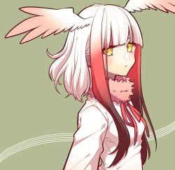 Rule 34 | 1girl, black hair, blunt bangs, commentary request, expressionless, from side, fur collar, gradient hair, green background, head wings, highres, japanese crested ibis (kemono friends), kemono friends, light blush, long hair, long sleeves, looking at viewer, looking to the side, multicolored hair, neck ribbon, petit ramune, red hair, red ribbon, ribbon, shirt, sidelocks, simple background, solo, upper body, white shirt, wings, yellow eyes