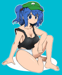 Rule 34 | 1girl, bad id, bad pixiv id, bare legs, barefoot, blue eyes, blue hair, breasts, cleavage, collarbone, female focus, frown, fuantei, hair bobbles, hair ornament, hat, kawashiro nitori, matching hair/eyes, panties, sad, short hair, sideboob, sitting, solo, tank top, touhou, twintails, two side up, underwear, white panties