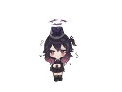 Rule 34 | 1girl, black footwear, black hair, black hat, black jacket, black skirt, blue archive, blush, boots, chibi, commentary request, dokomon, flying sweatdrops, full body, garrison cap, gradient hair, hair between eyes, hair ornament, hairclip, halo, haruka (blue archive), hat, heart, highres, jacket, korean commentary, long hair, long sleeves, multicolored hair, one side up, pleated skirt, purple hair, simple background, skirt, solo, standing, white background