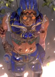 Rule 34 | 1boy, absurdres, apex legends, arm strap, bandaged arm, bandages, black gloves, black shirt, commentary, cropped shirt, cropped vest, fingerless gloves, gloves, goggles, grey shorts, hand on own hip, highres, kawaniwa, leaf, male focus, mask, midriff, mouth mask, navel, octane (apex legends), pouch, purple headwear, purple vest, shirt, shorts, solo, vest