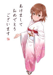 Rule 34 | 1girl, akeome, brown eyes, brown hair, calligraphy brush, floral print, flower, full body, hair flower, hair ornament, hairclip, hand up, happy new year, highres, isshi pyuma, japanese clothes, kimono, looking at viewer, matching hair/eyes, misaka mikoto, new year, paintbrush, pink kimono, sandals, short hair, signature, socks, solo, standing, toaru majutsu no index, white socks