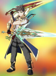 Rule 34 | 1boy, absurdres, aegis sword (xenoblade), aged up, black footwear, brown hair, catalyst scimitar, coat, dual wielding, gloves, glowing, glowing sword, glowing weapon, green background, highres, holding, male focus, orange background, red background, rex (xenoblade), scar, scar across eye, short hair, smile, solo, spiked hair, weapon, xen, xenoblade chronicles (series), xenoblade chronicles 2, yellow background