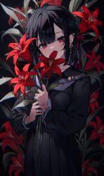 Rule 34 | 1girl, black hair, black sailor collar, black serafuku, black shirt, bow, chromatic aberration, commentary request, covered mouth, crescent, crescent earrings, earrings, floral background, flower, hair bow, hair ribbon, highres, holding, holding flower, jewelry, leaf, light blush, lily (flower), looking at viewer, nail polish, neckerchief, nekoyashiki pushio, original, pink eyes, pink nails, pink ribbon, pleated skirt, red flower, ribbon, sailor collar, sailor shirt, school uniform, serafuku, shirt, short hair, skirt, solo, white neckerchief