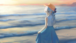 Rule 34 | 1girl, absurdres, blue eyes, blue skirt, blurry, blurry background, closed mouth, commentary, elaina (majo no tabitabi), english commentary, evening, from behind, grey hair, hair between eyes, hat, highres, long hair, looking to the side, majo no tabitabi, ocean, outdoors, scenery, shirt, skirt, sleeveless, sleeveless shirt, solo, summer, sun hat, ti hai diao yu, water, waves, white shirt