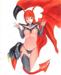 Rule 34 | 1girl, :p, asymmetrical clothes, breasts, demon girl, detached sleeves, female focus, long hair, lord of vermilion, midriff, pointy ears, red eyes, red hair, simple background, single thighhigh, single wing, solo, succubus (lord of vermilion), tail, thighhighs, tongue, tongue out, underboob, white background, wings