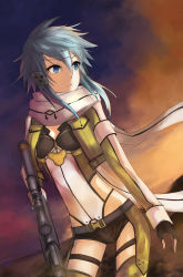 Rule 34 | 1girl, black gloves, black shorts, blue eyes, blue hair, breasts, contrapposto, cropped jacket, dusk, dutch angle, fingerless gloves, gloves, green jacket, green thighhighs, gun, hair between eyes, hair ornament, hairclip, highres, holding, holding gun, holding weapon, jacket, junreisya, leotard, long sleeves, looking to the side, micro shorts, open clothes, open jacket, outdoors, rifle, scarf, short hair with long locks, short shorts, shorts, sidelocks, sinon, small breasts, sniper rifle, solo, standing, sword art online, thigh strap, thighhighs, weapon, white scarf