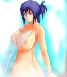 Rule 34 | ass, bad id, bad pixiv id, bath, blue hair, breasts, covered erect nipples, covering privates, glasses, hair bun, huge breasts, long hair, nipples, nude, nude cover, onibi (foxhound4185), red eyes, see-through, single hair bun, solo, towel, wet