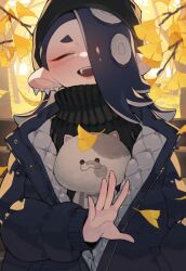 Rule 34 | 1girl, absurdres, asymmetrical bangs, bench, black headwear, black sweater, blue coat, blue hair, blush, branch, cat, closed eyes, coat, day, earrings, fangs, forest, ginkgo leaf, ginkgo tree, hair over one eye, hand up, hat, highres, jewelry, lapels, leaf, li&#039;l judd (splatoon), long sleeves, medium hair, multiple earrings, nature, nintendo, one eye covered, open clothes, open coat, open mouth, outdoors, parted bangs, pointy ears, prat rat, puffy long sleeves, puffy sleeves, shiver (splatoon), short eyebrows, smile, splatoon (series), splatoon 3, sweater, teeth, tentacles, thick eyebrows, tree, turtleneck, turtleneck sweater, upper teeth only