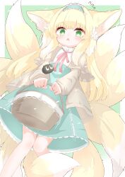 Rule 34 | 1girl, absurdres, animal ear fluff, animal ears, arknights, basket, black cat, blonde hair, blue hairband, blue skirt, blush, cardigan, cat, commentary, dutch angle, feet out of frame, fox ears, fox girl, fox tail, frilled hairband, frills, green eyes, hair ornament, hair scrunchie, hairband, heixiu, highres, holding, holding basket, kitsune, knees together feet apart, kyuubi, long hair, long sleeves, looking at viewer, multicolored hair, multiple tails, neck ribbon, official alternate costume, open cardigan, open clothes, open mouth, puffy long sleeves, puffy sleeves, rano u rabe, red ribbon, ribbon, scrunchie, shirt, skirt, solo, standing, stitches, suzuran (arknights), suzuran (spring praise) (arknights), tail, luo xiaohei zhanji, two-tone hair, white hair, white shirt, yellow cardigan