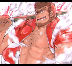 Rule 34 | 1boy, abs, bara, brown hair, facial hair, glowing, glowing eyes, hiraga0613, holding, holding weapon, jinn (housamo), large pectorals, looking at viewer, male focus, muscular, over shoulder, pectorals, red eyes, short hair, smile, solo, thick eyebrows, tokyo houkago summoners, weapon, weapon over shoulder