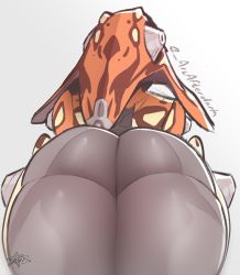 Rule 34 | 1girl, absurdres, arcafterdark, ass, colored skin, from behind, highres, ivara (warframe), lying, multicolored skin, on side, signature, simple background, solo, thick thighs, thighs, warframe