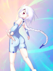 Rule 34 | 1girl, ahoge, arc system works, ass, blazblue, braid, koromia, long hair, looking back, nu-13, red eyes, silver hair, skin tight, smile, solo