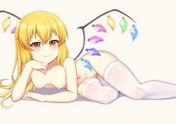 Rule 34 | 1girl, aged up, akasaka sato, alternate breast size, blonde hair, blush, breasts, cleft of venus, closed mouth, collarbone, commentary request, crystal, elbow rest, fang, fang out, flandre scarlet, foot out of frame, hair between eyes, head rest, heart, heart in eye, highres, long hair, looking at viewer, lying, navel, nipples, nude, on side, pussy, red eyes, simple background, slit pupils, small breasts, smile, solo, symbol in eye, thighhighs, touhou, uncensored, white background, white thighhighs, wings