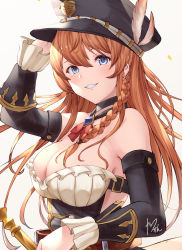 Rule 34 | 1girl, arm up, bare shoulders, belt, black hat, blue eyes, braid, breasts, brown hair, cleavage, collarbone, corset, detached collar, detached sleeves, frilled sleeves, frills, granblue fantasy, grey background, haido (ryuuno kanzume), hand on headwear, hat, hat feather, highres, holding, large breasts, lecia (granblue fantasy), long hair, long sleeves, looking at viewer, looking to the side, parted lips, peaked cap, petals, side braid, signature, smile, solo, strapless, upper body