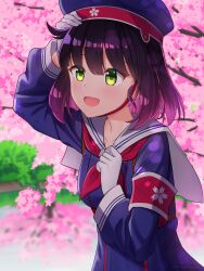 Rule 34 | 1girl, :d, armband, blue hat, blue shirt, bob cut, breasts, brown hair, cherry blossoms, collarbone, commentary, english commentary, girls&#039; frontline, gloves, gradient hair, green eyes, hand on headwear, hat, highres, leaning forward, long sleeves, medium breasts, multicolored hair, neckerchief, open mouth, pink hair, red armband, red neckerchief, rynzfrancis, sailor, sailor collar, sailor hat, shirt, short hair, smile, solo, standing, strap, type 4 (girls&#039; frontline), white gloves, white sailor collar