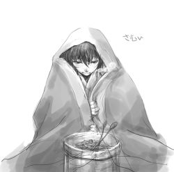 Rule 34 | 1girl, black hair, blanket, clutching blanket, cold, greyscale, hakurei reimu, heater, monochrome, simple background, skewer, solo, touhou, uruo, white background, wrapped up