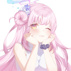 Rule 34 | 1girl, aesice, black scrunchie, blue archive, blush, breasts, closed mouth, dress, flower, hair bun, hair flower, hair ornament, halo, highres, long hair, looking at viewer, medium breasts, mika (blue archive), one eye closed, pink hair, pink halo, purple flower, scrunchie, simple background, single side bun, sleeveless, sleeveless dress, smile, solo, upper body, white background, white dress, wrist scrunchie, yellow eyes