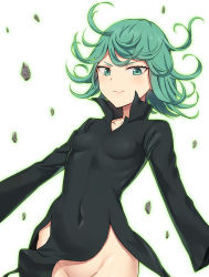 Rule 34 | 1girl, black dress, blush, commentary request, curly hair, dress, green eyes, green hair, hashi, looking at viewer, matching hair/eyes, no panties, one-punch man, out-of-frame censoring, short hair, smile, solo, tatsumaki