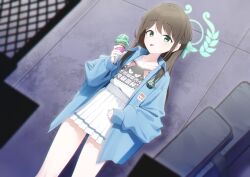 Rule 34 | 1girl, airi (band) (blue archive), airi (blue archive), black hair, blue archive, blue jacket, collared shirt, dabuki, dutch angle, food, green eyes, green halo, halo, highres, holding, holding food, ice cream, jacket, long hair, long sleeves, looking at viewer, official alternate costume, open clothes, open jacket, pleated skirt, shirt, skirt, solo, tongue, tongue out, white shirt, white skirt