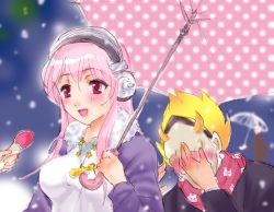 Rule 34 | 1boy, 1girl, bad id, bad pixiv id, blush, breasts, covering face, embarrassed, headphones, interview, kitamura (soniani), large breasts, long hair, meme, microphone, nitroplus, open mouth, parody, pink eyes, pink hair, shakai no chiri, shared umbrella, smile, snowing, soniani, special feeling (meme), super sonico, textless version, umbrella