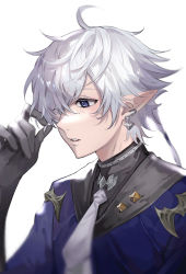 Rule 34 | 1boy, absurdres, ahoge, alphinaud leveilleur, black gloves, blue coat, blue eyes, coat, dongju azuma, earclip, earrings, elezen, elf, film grain, final fantasy, final fantasy xiv, from side, gloves, hair over one eye, hair ribbon, hand in own hair, hand up, highres, jewelry, looking ahead, low ponytail, male focus, medium hair, necktie, parted lips, pointy ears, portrait, ribbon, simple background, solo, swept bangs, turtleneck, white background, white hair, white necktie