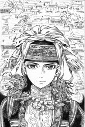 Rule 34 | 1girl, amira, earrings, greyscale, head scarf, highres, ink (medium), jewelry, looking at viewer, monochrome, necklace, otoyomegatari, panelijah, pearl necklace, scenery, serious, solo, traditional clothes, traditional media, upper body, village