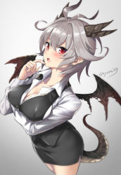 Rule 34 | 1girl, :o, antenna hair, artist name, black vest, blurry, blush, breast hold, breasts, cleavage, collared shirt, cowboy shot, depth of field, dragon girl, dragon horns, dragon tail, dragon wings, fate/grand order, fate (series), finger to mouth, genderswap, genderswap (mtf), gradient background, grey background, hair between eyes, hand up, horns, large breasts, open mouth, pencil skirt, shirt, sieg (fate), skirt, solo, standing, tail, tyone, vest, white shirt, wing collar, wings