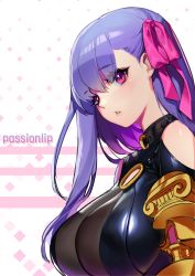 Rule 34 | 1girl, blush, bow, breasts, character name, closed mouth, clothing cutout, fate/extra, fate/extra ccc, fate (series), hair between eyes, hair bow, highres, large breasts, long hair, mmlyno, o-ring, o-ring top, passionlip (fate), pink bow, purple hair, red eyes, shoulder cutout, solo, upper body, very long hair