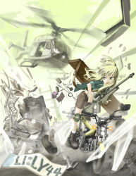 Rule 34 | 1girl, ai arctic warfare, aircraft, bad id, bad pixiv id, blonde hair, bolt action, green eyes, gun, helicopter, iris (material sniper), mall-chan, material sniper, open mouth, rifle, short hair, shorts, sleeves rolled up, sniper rifle, weapon