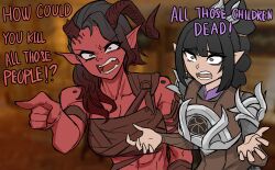 Rule 34 | 2girls, abs, angry, armor, baldur&#039;s gate, baldur&#039;s gate 3, black hair, blurry, blurry background, breasts, broken horn, centurii-chan (artist), character request, chest harness, cleavage, collarbone, colored skin, commentary, demon girl, demon horns, dungeons &amp; dragons, elf, english commentary, english text, gradient hair, hair ornament, harness, highres, horns, karlach, long hair, medium breasts, multicolored hair, multiple girls, muscular, muscular female, open mouth, pointing, pointy ears, ponytail, red hair, red skin, shadowheart (baldur&#039;s gate), teeth