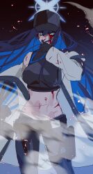 Rule 34 | 1girl, aqua eyes, baseball cap, bechu, black gloves, black hat, blood, blood on clothes, blood on face, blue archive, blue hair, breasts, closed mouth, coat, crop top, gloves, hair between eyes, halo, hat, highres, korean commentary, large breasts, long hair, long sleeves, looking at viewer, off shoulder, open clothes, open coat, pants, saori (blue archive), simple background, sketch, solo, stomach, very long hair, white coat