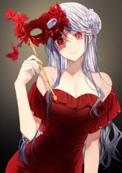 Rule 34 | 1girl, bare arms, bare shoulders, braid, braided bun, breasts, butterfly ornament, cleavage, collarbone, commentary, domino mask, dress, flower, gambe, grey hair, hair bun, head tilt, highres, holding, holding mask, large breasts, leaning to the side, long hair, looking at viewer, mask, off-shoulder dress, off shoulder, original, parted lips, red dress, red flower, side bun, sidelocks, single side bun, smile, solo, symbol-only commentary, upper body