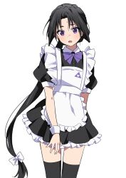 1boy alternate_costume apron arm_behind_back black_dress black_hair black_thighhighs blush bow bowtie buttons cowboy_shot dress enmaided frilled_apron frilled_dress frills hair_bow highres houjou_tokiyuki_(nige_jouzu_no_wakagimi) long_hair looking_at_viewer maid maid_apron male_focus mitsu_uroko nige_jouzu_no_wakagimi open_mouth ponytail puffy_short_sleeves puffy_sleeves purple_bow purple_bowtie purple_eyes short_sleeves simple_background solo standing thighhighs white_apron white_background white_bow wrist_cuffs yur11 zettai_ryouiki