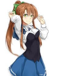 Rule 34 | 1girl, absolute duo, artist name, blue capelet, blue skirt, bow, breasts, brown hair, capelet, cowboy shot, frilled skirt, frills, green bow, green eyes, hair between eyes, hair bow, high ponytail, long hair, looking at viewer, medium breasts, nagakura imari, pleated skirt, saruno (eyesonly712), shirt, simple background, skirt, smile, solo, standing, very long hair, white background, white shirt