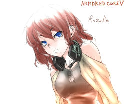 Rule 34 | 1girl, armored core, armored core 5, breasts, female focus, from software, headphones, military operator, red hair, simple background, solo, upper body, white background