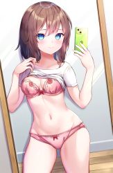 Rule 34 | 1girl, blue eyes, bra, breasts, brown hair, cellphone, chess11, cleavage, closed mouth, clothes lift, collarbone, gluteal fold, highres, holding, holding phone, lifting own clothes, medium hair, mirror, navel, original, panties, phone, pink bra, pink panties, reflection, selfie, shirt, shirt lift, short sleeves, small breasts, smartphone, smile, solo, standing, stomach, t-shirt, underwear, white shirt