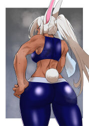Rule 34 | 1girl, absurdres, animal ears, ass, back, bare arms, bare shoulders, blue pants, boku no hero academia, border, breasts, clothing cutout, damos (child flame), dark-skinned female, dark skin, from behind, hand on own hip, highres, holding, holding towel, large breasts, long eyelashes, long hair, looking at viewer, median furrow, mirko, pants, ponytail, rabbit ears, rabbit girl, rabbit tail, red eyes, solo, steaming body, sweat, tail, tail through clothes, toned, towel, white border, white hair, yoga pants