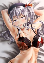 Rule 34 | 10s, 1girl, armpits, arms up, bed sheet, blue eyes, bra, breasts, from above, hair between eyes, kantai collection, kashima (kancolle), kasugano tobari, large breasts, looking at viewer, lying, midriff, on back, open mouth, pun, silver hair, solo, stomach, twintails, underwear, upper body, wavy hair